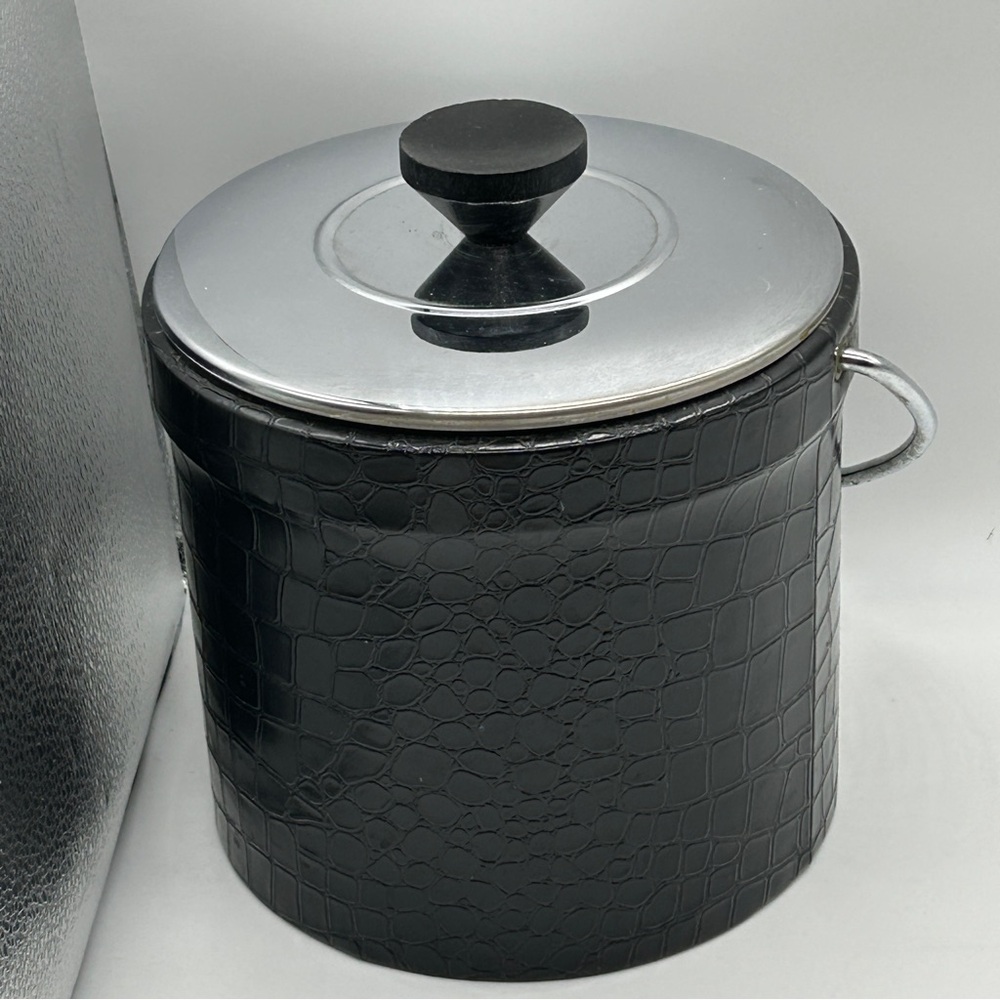 Vintage Retro 1960's Ice Bucket Black Faux Alligator Chrome